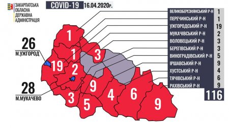 Covid-19: оновлена статистика про інфікованих закарпатців по районах (КАРТА)