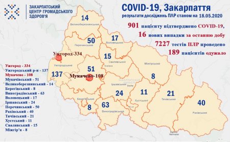 На Закарпатті підтверджено 901 випадок COVID-19, від коронавірусу померло 24 людини