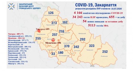 COVID-19 - Закарпаття, в розрізі районів, станом на 16 липня
