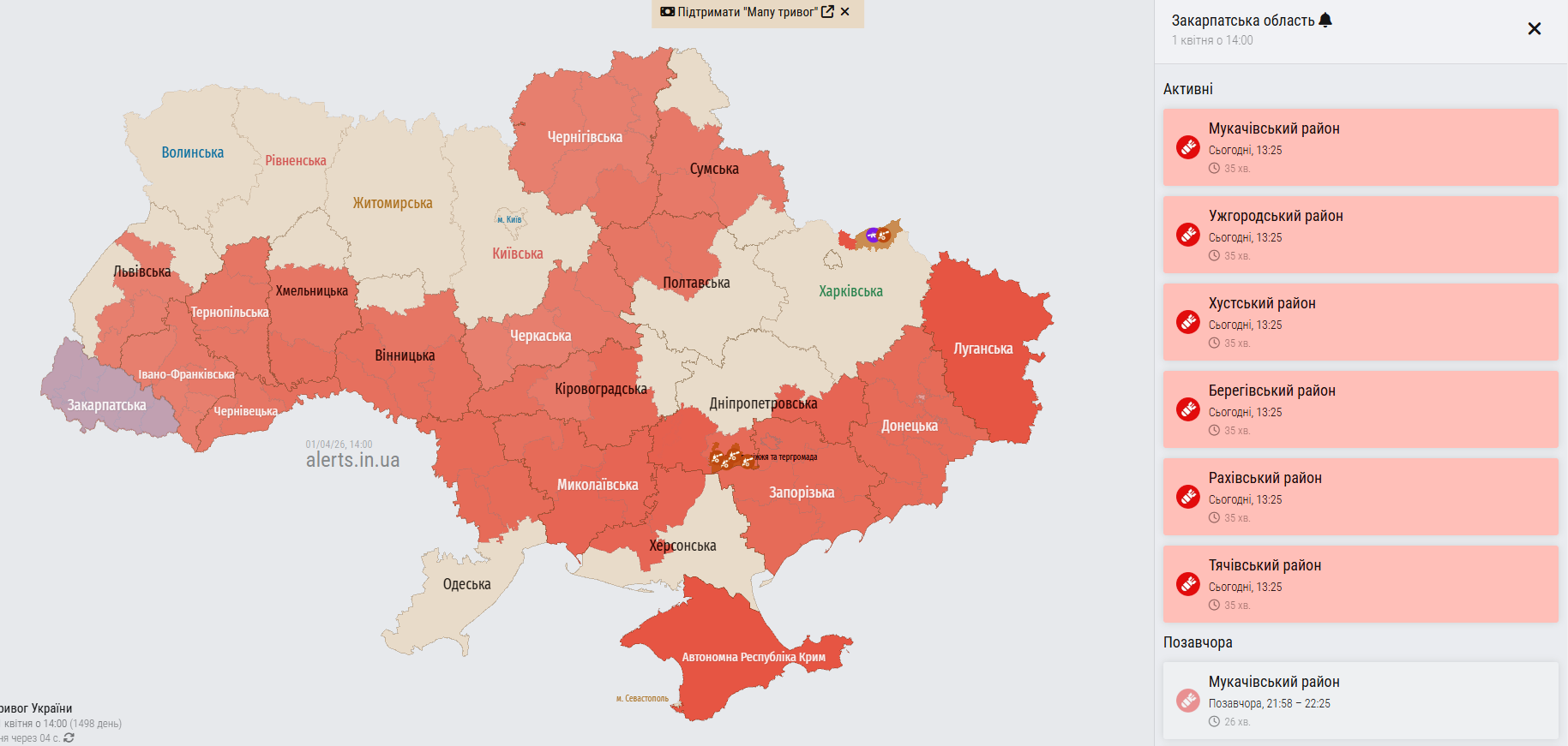 Закарпаття повітряна тривога: загроза ударів дронів-камікадзе та ситуація в регіоні 1 квітня