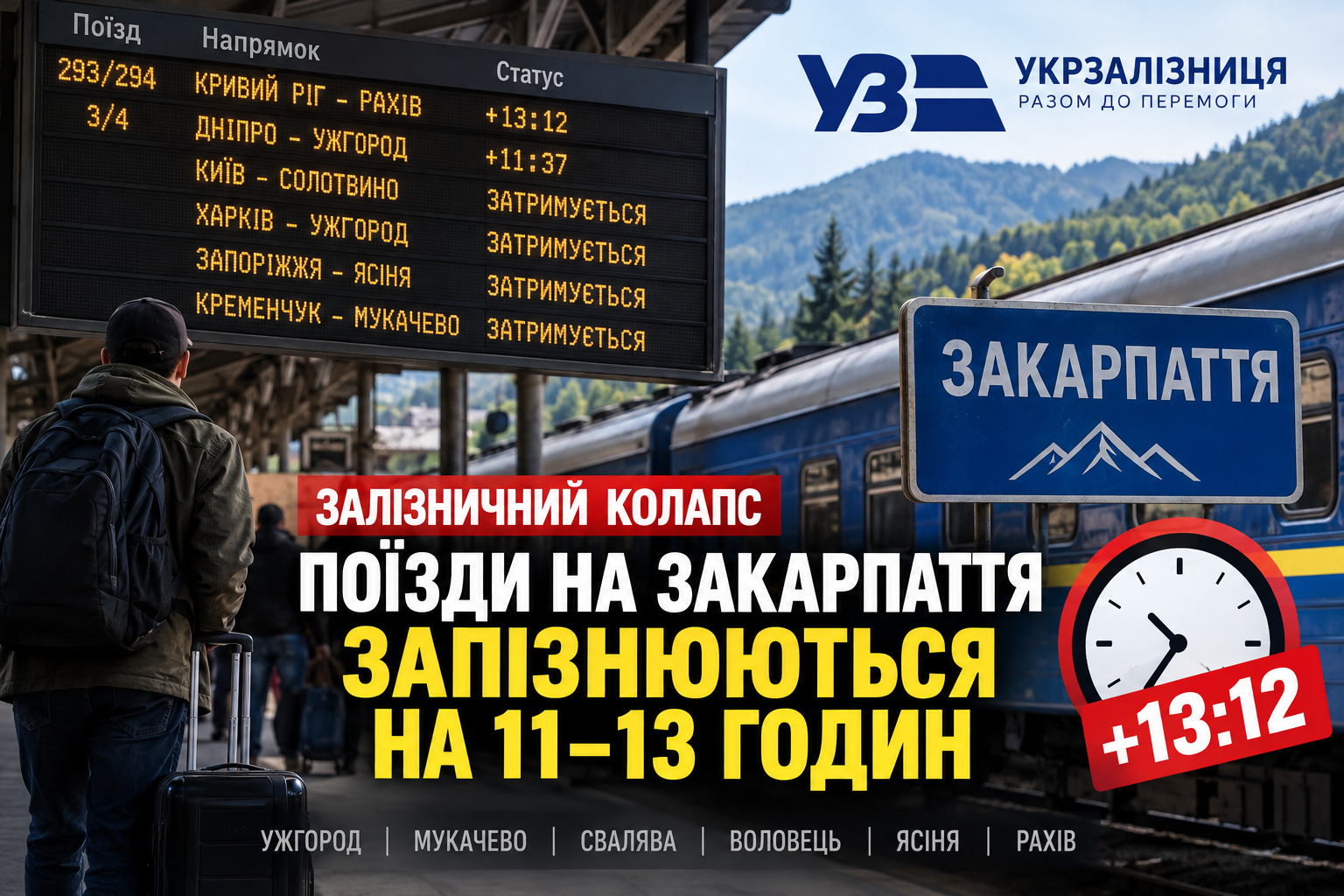 Закарпаття відчуло наслідки масштабного збою на залізниці: поїзди запізнюються на 10–13 годин